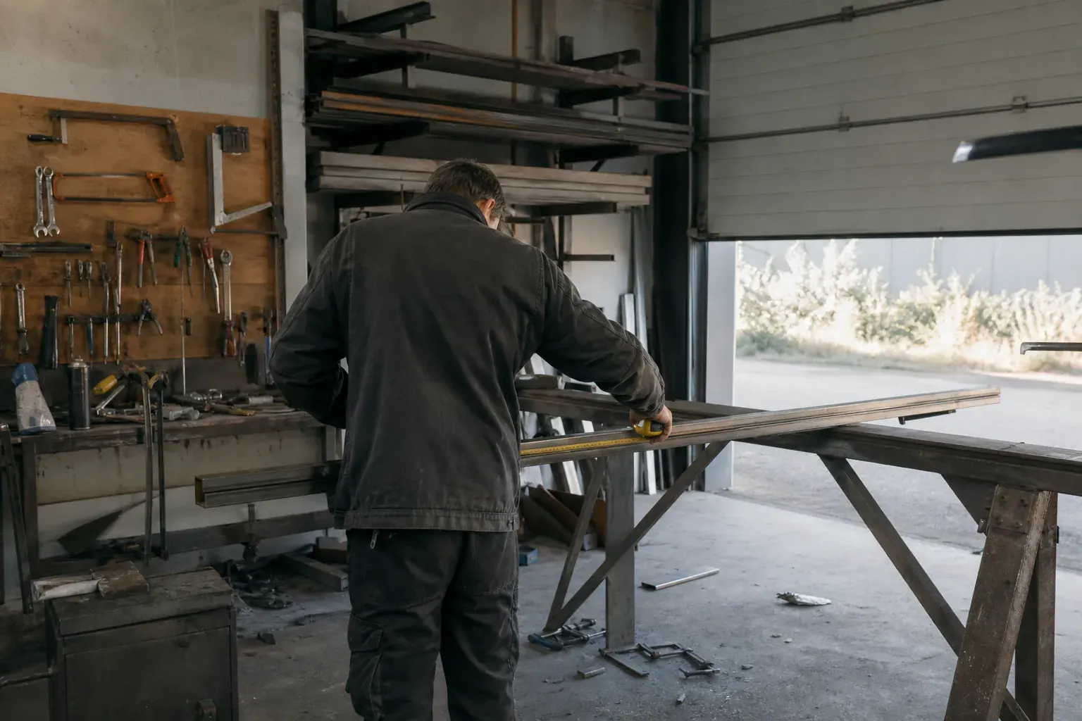 Artisan mesurant une pièce d’acier sur un établi, dans un atelier de zone d’activité toulousaine