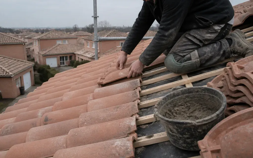 Couvreur posant des tuiles canal sur la toiture d’une maison de la banlieue toulousaine