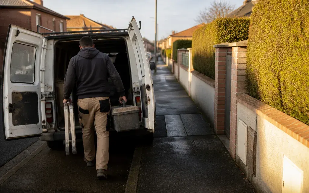 Artisan indépendant chargeant sa caisse à outils dans son fourgon, rue de maisons en brique près de Toulouse