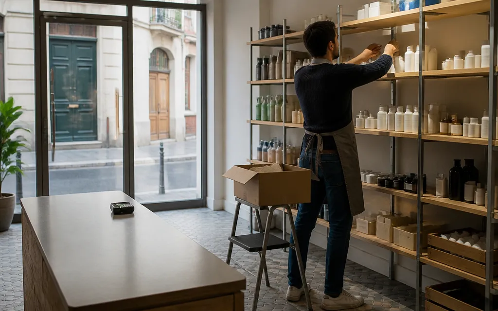 Commerçant regarnissant un rayon en début de journée dans une boutique indépendante toulousaine