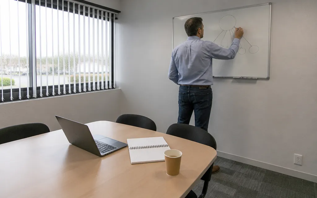 Consultant indépendant traçant un schéma au tableau blanc dans une salle de réunion de parc d’activité