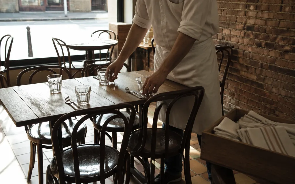 Cuisinier dressant les tables d’une salle de restaurant de quartier avant le service, à Toulouse